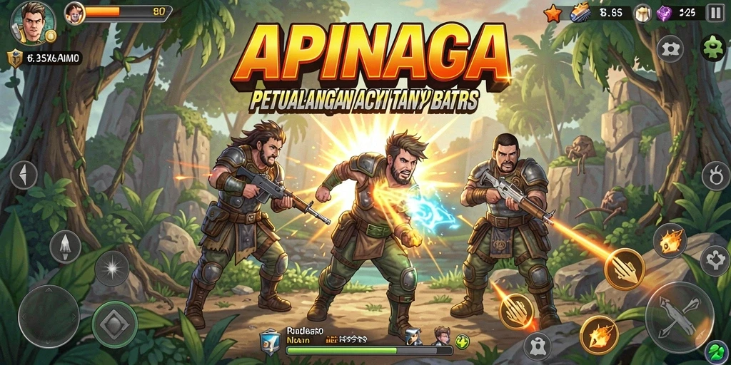 Screenshot dari gameplay penuh aksi di APINAGA.