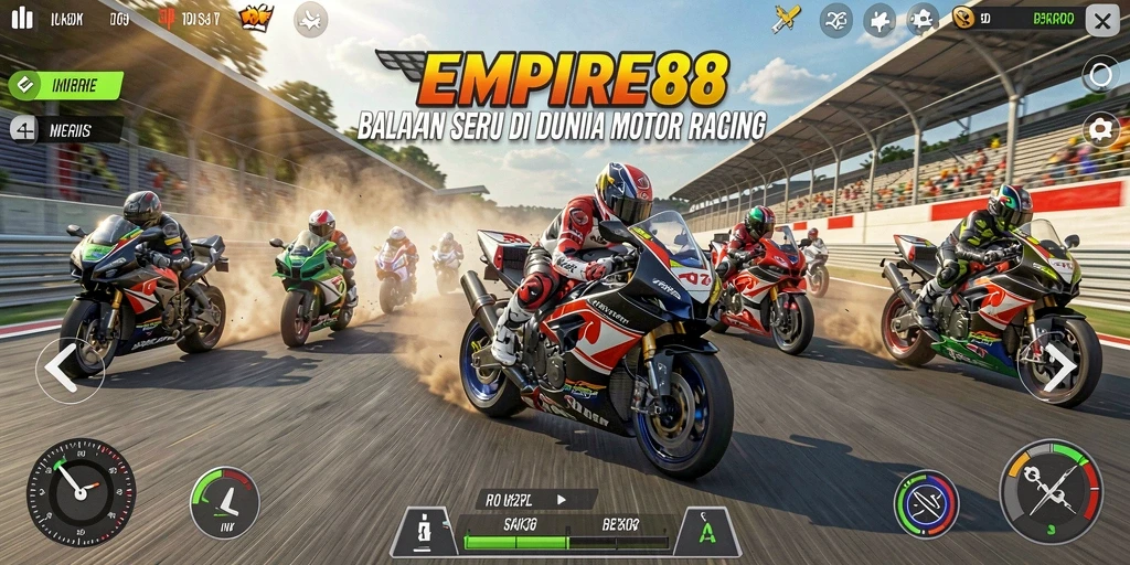 Screenshot utama EMPIRE88 menampilkan aksi balapan motor yang menegangkan.