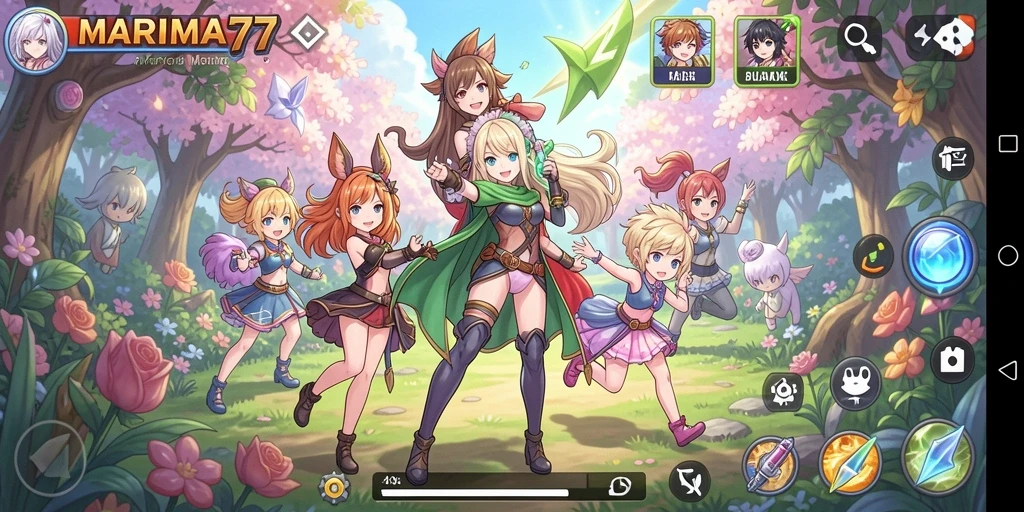 Tangkapan layar utama MARIMA77 menampilkan aksi seru dalam pertempuran karakter anime.
