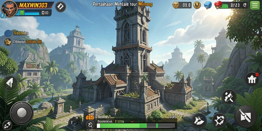 Screenshot gameplay MAXWIN303 menampilkan serangan menara yang epik.