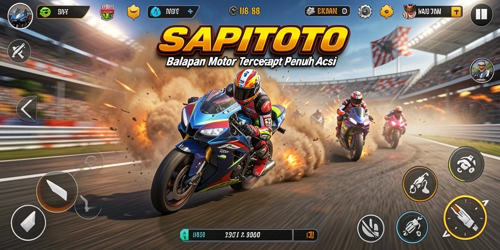 Gameplay balap motor yang seru dan penuh aksi.